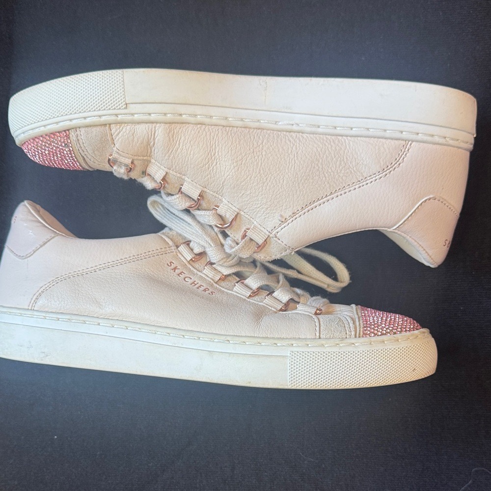 Skechers Street Los Angeles Cream Leather Pink Rhinestone Toe Sneakers Rose Gold - Picture 4 of 7